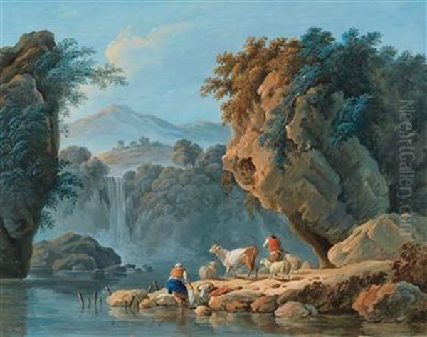 A Shepherd Couple In A Mountainous Landscape Oil Painting by Jean-Baptiste Pillement