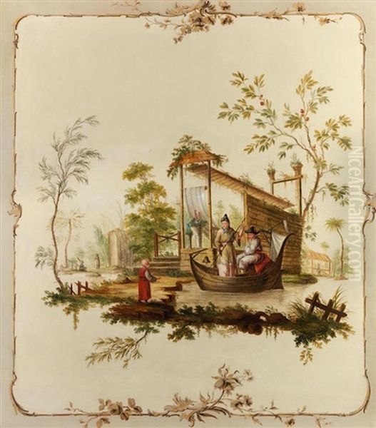 Chinoiserie Figures In A Boat Beside A Garden Pavilion Oil Painting by Jean-Baptiste Pillement