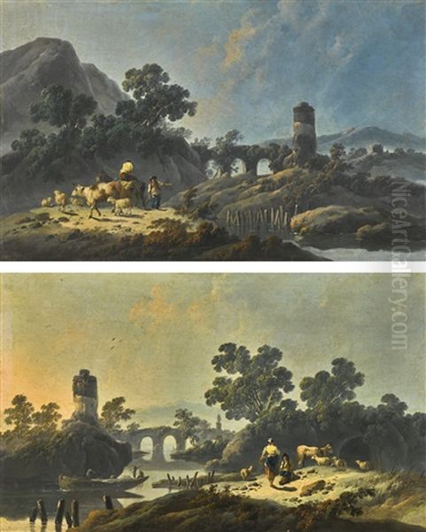 Rocky Landscape At Dawn With A Herdsman And His Livestock On A Path; River Landscape At Dusk With Fishermen On The River And A Girl And Herdsman Conversing On The Bank Oil Painting by Jean-Baptiste Pillement
