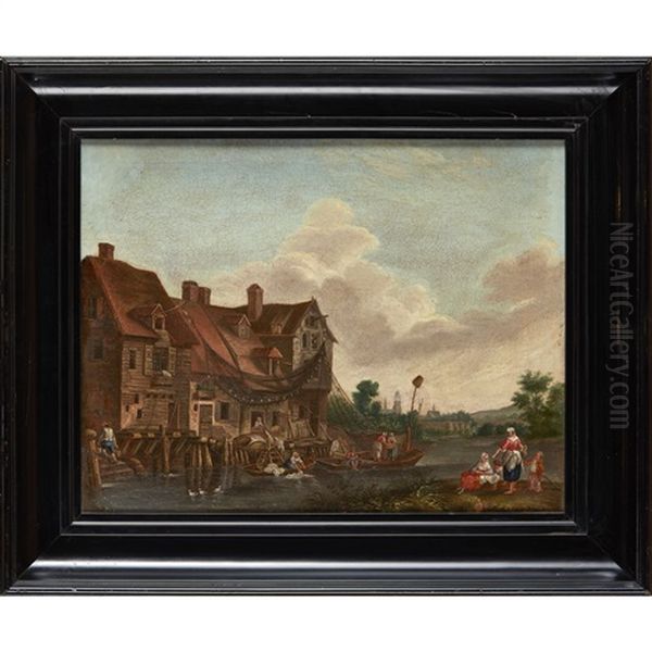 Washerwomen And Fishermen By A Riverside House Oil Painting by Jean-Baptiste Pillement