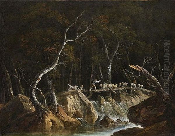 Evening Landscape With Homecoming Shepherds On A Wooden Bridge Over A Waterfall Oil Painting by Jean-Baptiste Pillement