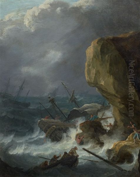 Rocky Coastal Landscape With Ships And The Crews In Distress Oil Painting by Jean-Baptiste Pillement