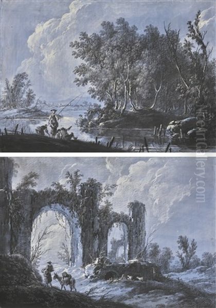 Landscapes, One With Figures Fishing, The Other With Figures Beside Ruins Oil Painting by Jean-Baptiste Pillement