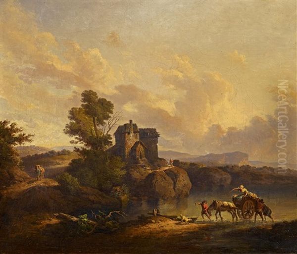 Franzosische Landschaft Mit Pferdekarren Am Seeufer Oil Painting by Jean-Baptiste Pillement