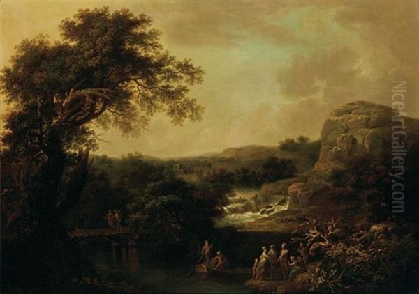 Elegant Figures In A River Landscape Oil Painting by Jean-Baptiste Pillement