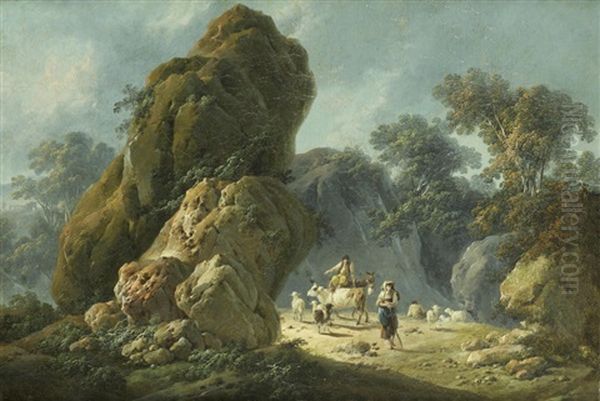 Drovers With Their Herd In A Rocky Landscape Oil Painting by Jean-Baptiste Pillement