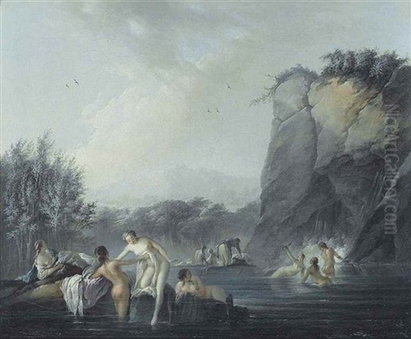 Women Bathing At A Rocky Pool Oil Painting by Jean-Baptiste Pillement