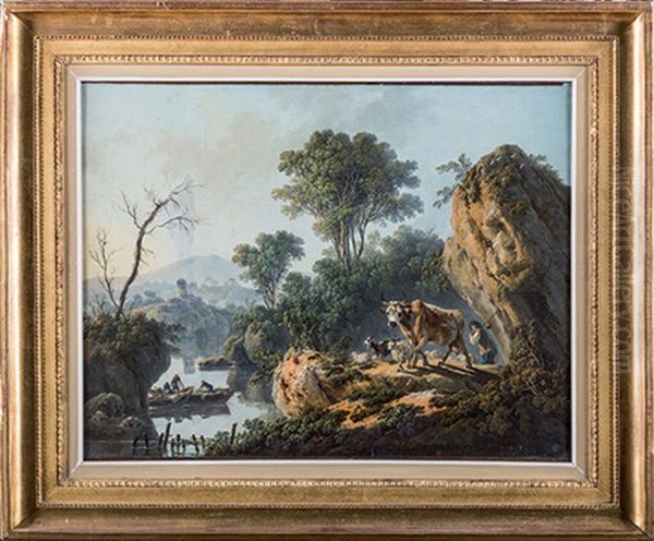 Paysage Avec Des Pecheurs, Un Berger Et Son Troupeau Oil Painting by Jean-Baptiste Pillement