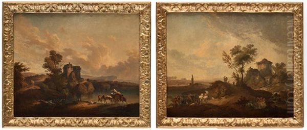 River Landscapes With Figures And Horses (pair) Oil Painting by Jean-Baptiste Pillement