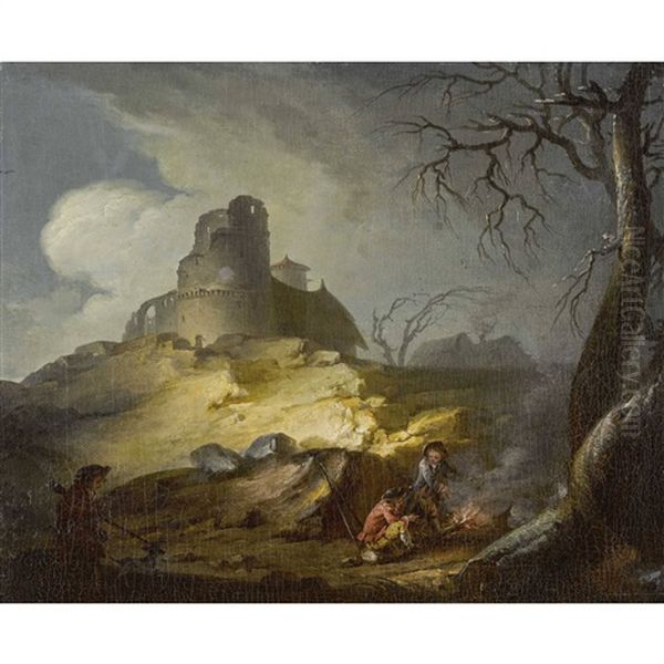 Abendliche Landschaft Mit Burgruine Und Lagerfeuer Oil Painting by Jean-Baptiste Pillement