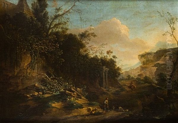 Paisaje Fantastico Con Campesino Y Animales Oil Painting by Jean-Baptiste Pillement