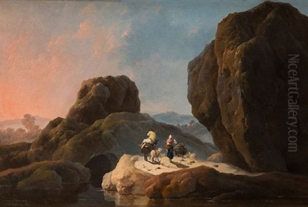Bergers Dans Un Paysage De Rochers Oil Painting by Jean-Baptiste Pillement
