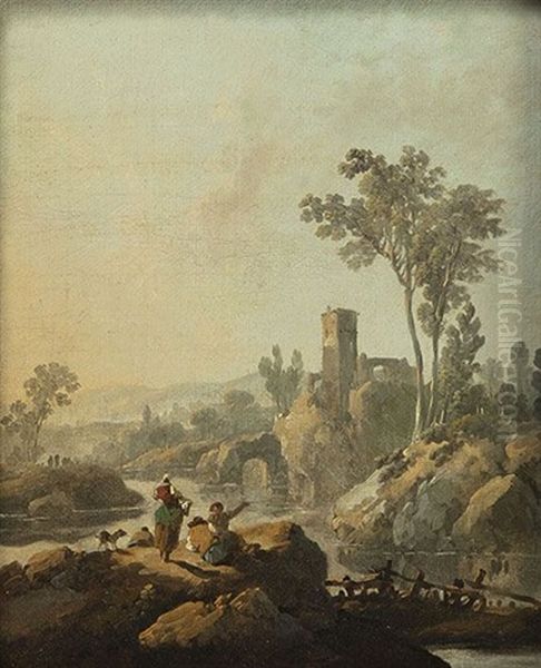 Paysans Au Bord De La Riviere Oil Painting by Jean-Baptiste Pillement