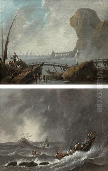 Vues Du Portugal Dont L'une Est Une Vue De L'embouchure Du Tage Oil Painting by Jean-Baptiste Pillement