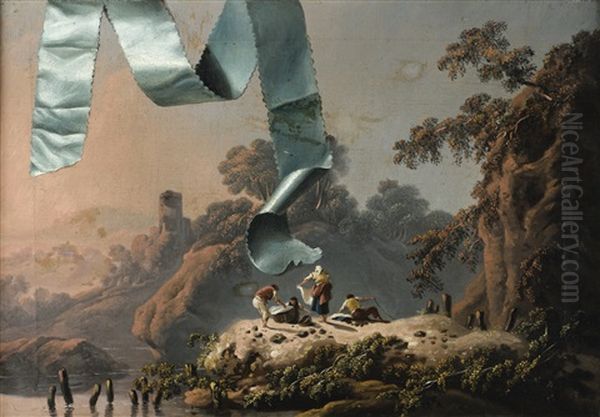 Trompe L'oeil Au Ruban Turquoise Devant Un Paysage De La Campagne Portuguaise Oil Painting by Jean-Baptiste Pillement