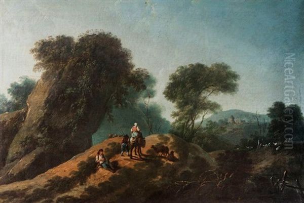 Paysage Boise Au Rocher Avec Bergers En Chemin Oil Painting by Jean-Baptiste Pillement