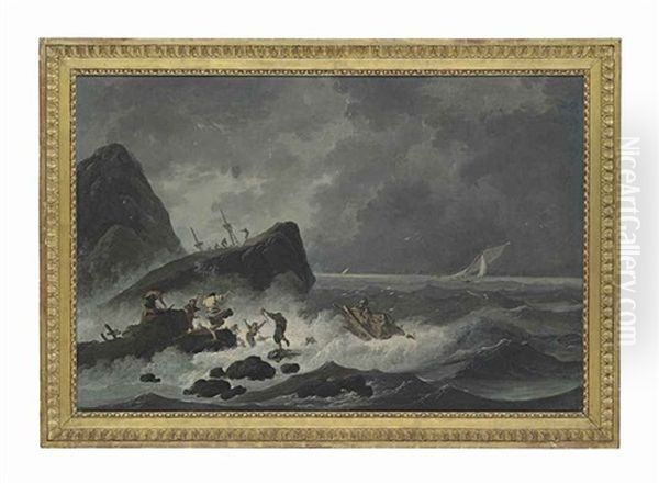 A Rocky Coastal Landscape With Shipwrecked Figures In A Storm, The Masts Of The Ship Beyond Oil Painting by Jean-Baptiste Pillement