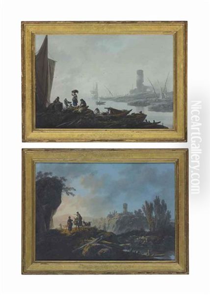 A View Of The River Tagus With Fisherfolk On The Shore, And A Tower Beyond; And A Rocky River Landscape At Sunset With Shepherds And Shepherdesses With Their Flock Oil Painting by Jean-Baptiste Pillement