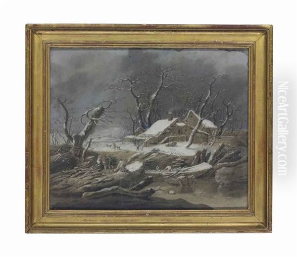 A Winter River Landscape With Peasants Gathering Wood, A Hamlet Beyond Oil Painting by Jean-Baptiste Pillement