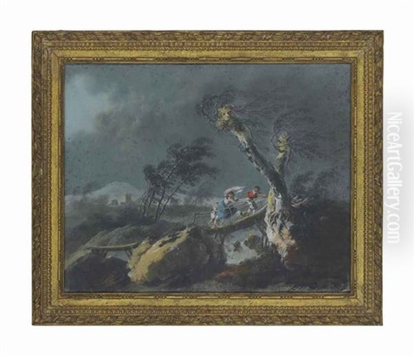 Figures On A Bridge In A Storm Oil Painting by Jean-Baptiste Pillement