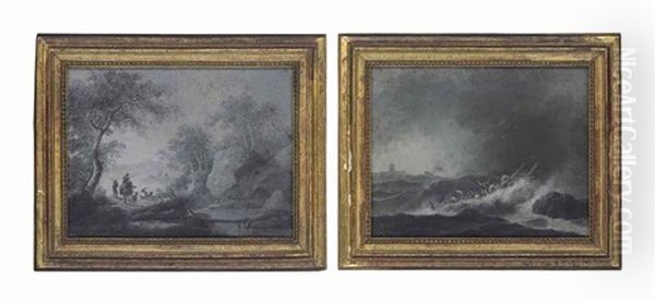 A Rocky Landscape With Herdsmen By A River; And A Stormy Seascape With A Shipwreck (2 Works) Oil Painting by Jean-Baptiste Pillement