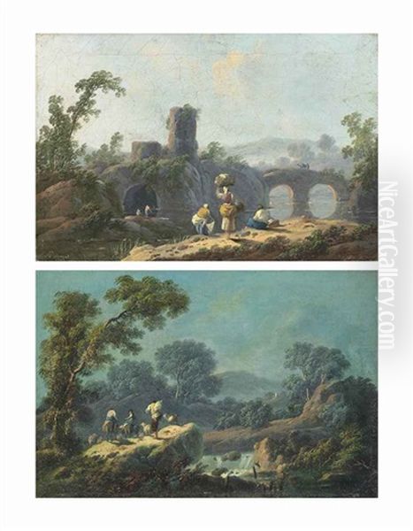 An Italianate Landscape With Washerwomen By A River, Mountains Beyond; And An Italianate Wooded Landscape At Dusk, With Herdsmen And Their Flock Near A Waterfall, Mountains Beyond Oil Painting by Jean-Baptiste Pillement