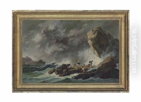 A Rocky Coastal Landscape With A Shipwreck In A Storm And Figures On The Shore Oil Painting by Jean-Baptiste Pillement