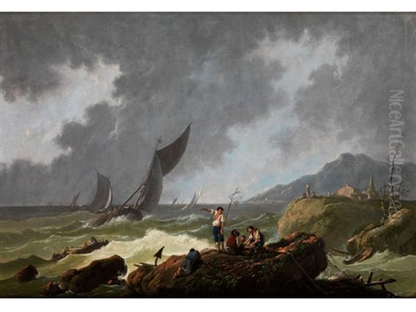 Kustenszene Mit Fischerbooten In Aufgewuhlter See Und Eine Gruppe Fischer Am Strand Oil Painting by Jean-Baptiste Pillement