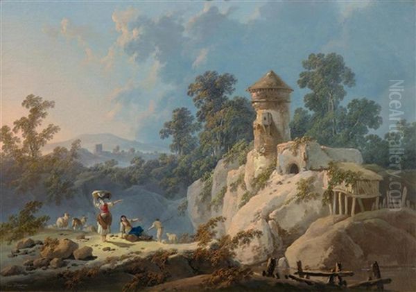 Weite Landschaft Mit Hirten Und Schafen Oil Painting by Jean-Baptiste Pillement