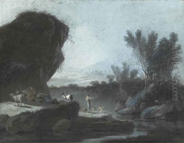 A Pastoral Landscape With Bathers; A Pastoral Landscape With A Herdsman Crossing A Bridge (pair) Oil Painting by Jean-Baptiste Pillement
