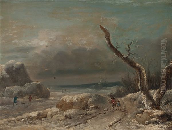 Verschneite Kustenlandschaft Mit Reisigsammlern Und Vogeljager Oil Painting by Jean-Baptiste Pillement