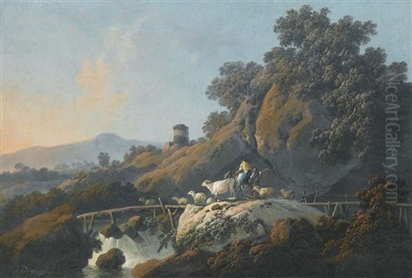 Landscape With A Mounted Shepherd And His Flock Crossing A Wooden Bridge Over A Waterfall Oil Painting by Jean-Baptiste Pillement