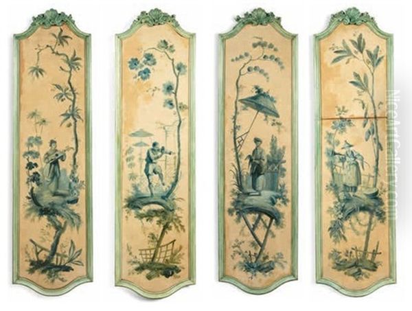 Chinoiseries: Jeunes Musiciens Et Jeux D'enfants Entoures De Rinceaux (8 Works) Oil Painting by Jean-Baptiste Pillement