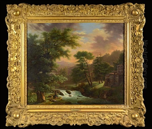 River Landscape With Herdsmen Oil Painting by Jean-Baptiste Pillement