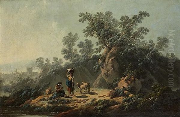 Bergers Au Repos Pres D'une Riviere (pair) Oil Painting by Jean-Baptiste Pillement