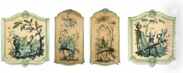 Chinoiseries: Jeunes Musiciens Et Jeux D'enfants Entoures De Rinceaux (8 Works) Oil Painting by Jean-Baptiste Pillement