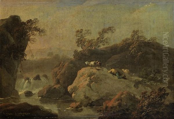 A Shepherd Tending His Flocks In A Hilly, River Landscape (+ Figures In A Landscape; Pair) Oil Painting by Jean-Baptiste Pillement