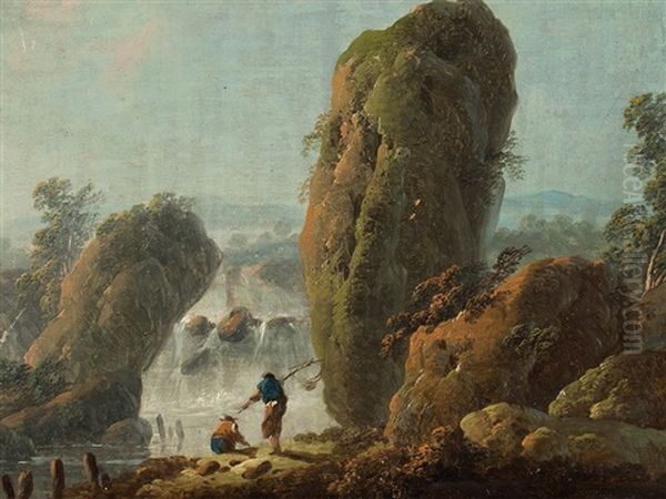 Fisherman At A Waterfall Oil Painting by Jean-Baptiste Pillement