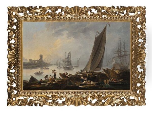 Vue Du Tage Avec Pecheurs, Chalands Et Navires Au Mouillage, Ruines D'un Chateau Dans Le Fond, Temps Calme Oil Painting by Jean-Baptiste Pillement