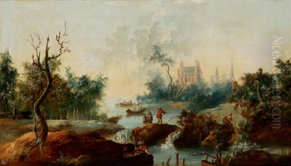 Flusslandschaft Mit Figurenstaffage Oil Painting by Jean-Baptiste Pillement