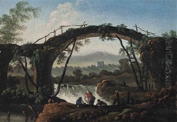 A River Landscape With Figures Watching A Cascade Near A Roman Bridge, A Villa Beyond Oil Painting by Jean-Baptiste Pillement