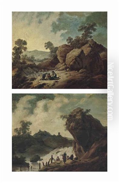 A Rocky Landscape With Shepherds At Rest (+ A Rocky River Landscape With Washerwomen Beside A Waterfall; Pair) Oil Painting by Jean-Baptiste Pillement