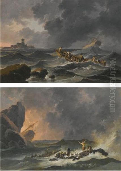 Two Shipwreck Scenes (pair) Oil Painting by Jean-Baptiste Pillement