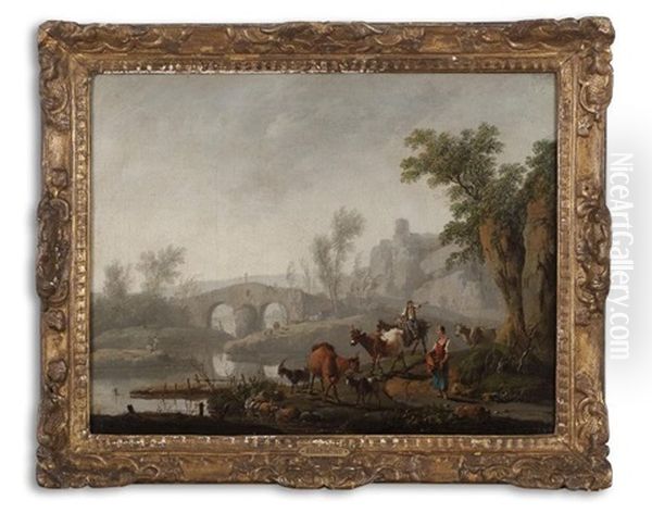 Couple De Bergers Menant Leur Troupeau Le Long D'une Riviere Oil Painting by Jean-Baptiste Pillement