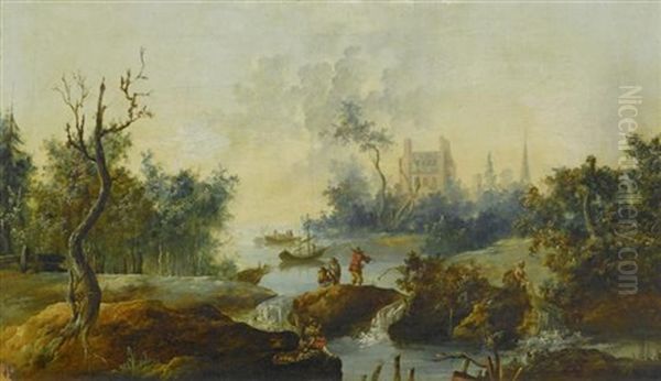 Flusslandschaft Mit Figuren Vor Einer Stadt Oil Painting by Jean-Baptiste Pillement