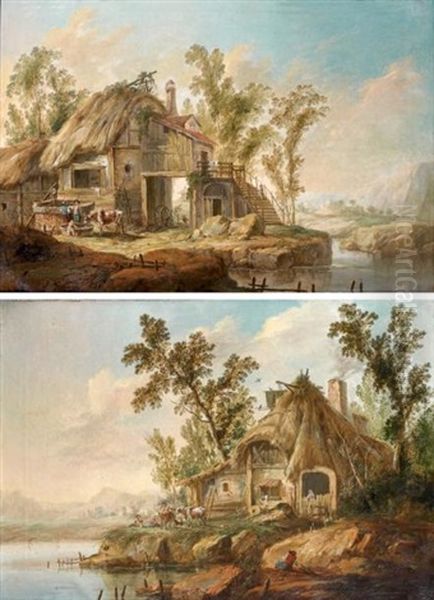 Chaumieres Au Bord D'une Piece D'eau (pair) Oil Painting by Jean-Baptiste Pillement