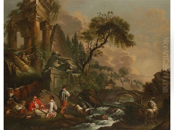 An Arcadian Landscape With Figures Resting Beside Italianate Ruins And A Cascading River Oil Painting by Jean-Baptiste Pillement