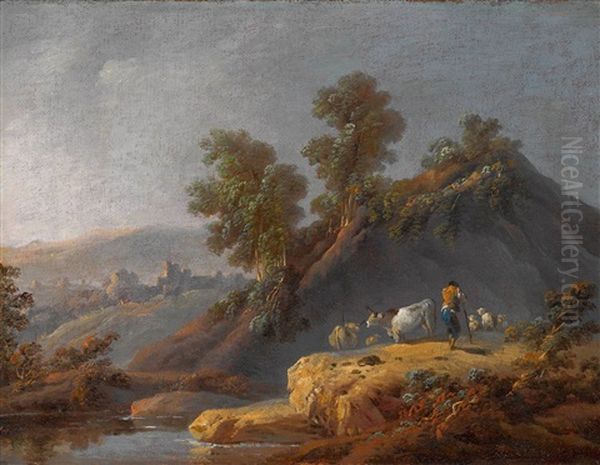 Hirte Mit Vieh In Flusslandschaft Oil Painting by Jean-Baptiste Pillement