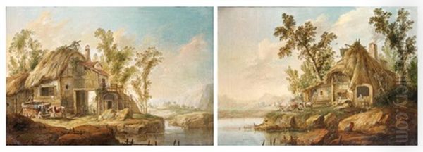 Chaumieres Au Bord D'une Piece D'eau (+ Another; Pair) Oil Painting by Jean-Baptiste Pillement