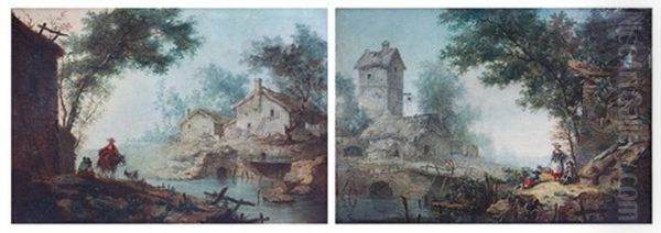 Paysage A La Riviere Avec Une Villageoise Sur Sa Mule (+ Paysage Au Pont Et Au Pigeonnier Avec Trois Jeunes Villageois Sur La Droite, Smllr; 2 Works) Oil Painting by Jean-Baptiste Pillement